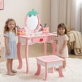 thumbnail image 2 of iRerts Kids Vanity Table and Chair Set, Princess Girls Vanity Set with Stool, 1-Drawer, 2 Desktop Storage Boxes, Cute Apple Print, Wooden Kids Vanity Set for Toddler, White, 2 of 10