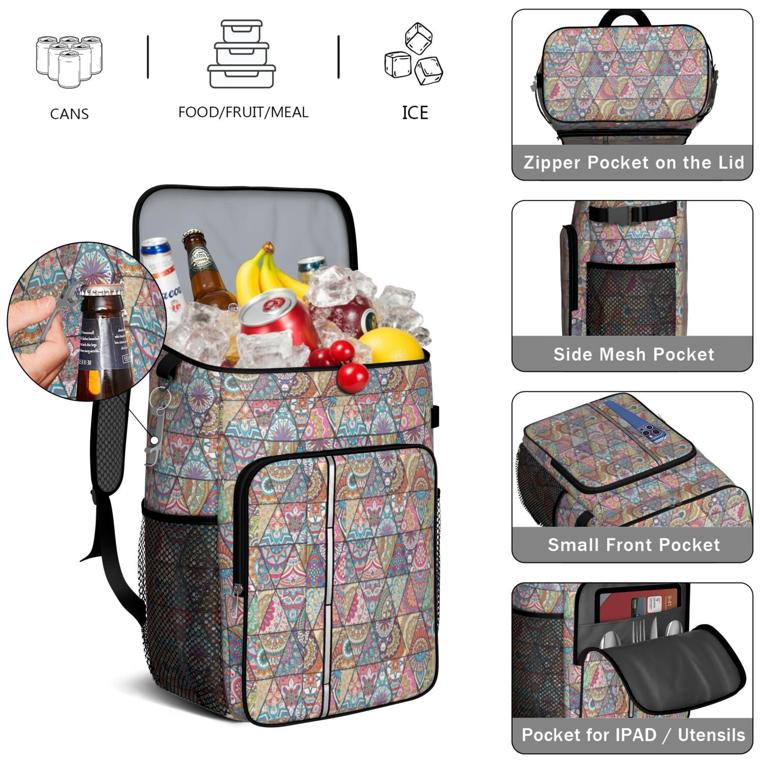 Travel Cooler Bag - Boho Bohemia Flower Camping Beer Cooler Backpack with Bottle Opener- Waterproof Insulated Picnic Backpacks - Cooler Bag for Beach