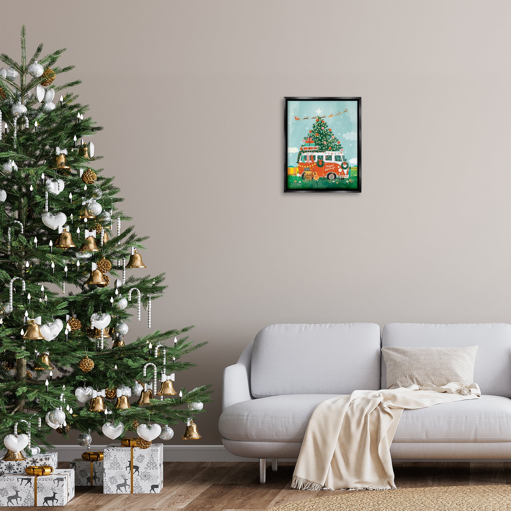 Stupell Industries Christmas Van Hangout Holiday Painting Black Floater Framed Canvas Art Prints Wall Art, 17 x 21