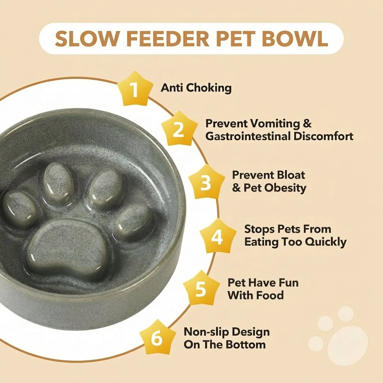 JoyPetto Elevated Ceramic Slow Feeder Water Bowl Set with Adjustable Bamboo Stand, 6.5" 6.1" 27oz Safe Feeder for Small Pets, Grey