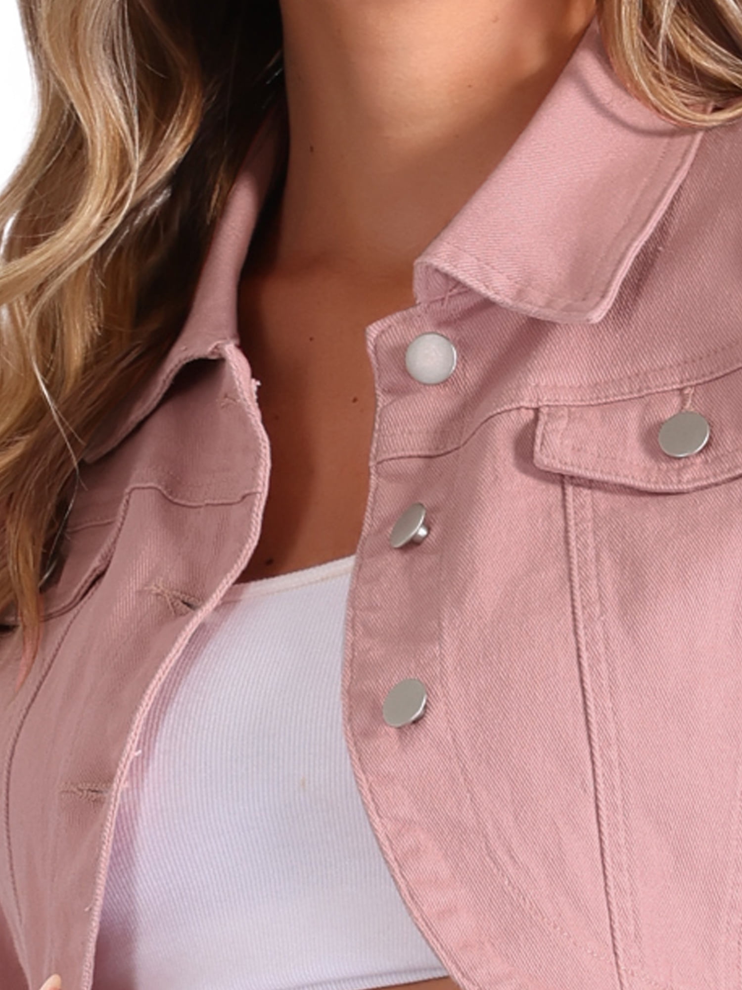 DARING DIVA Women's Denim Jacket Collared Long Sleeve Crop Jean Jackets M Pink