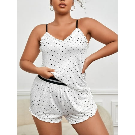 

Cute Women s Plus Polka Dot Print Ruffle Trim Cami PJ Set White 5XL(22) for Summer F220102Y