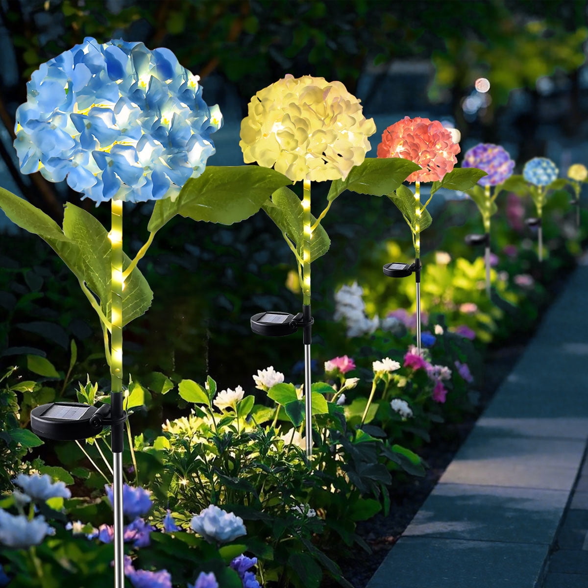 Syenll 4 pack Solar Garden Lights Outdoor, Waterproof LED Solar Hydrangea Flowers Lights for Yard Lawn Pathway Decoration (Warm White)