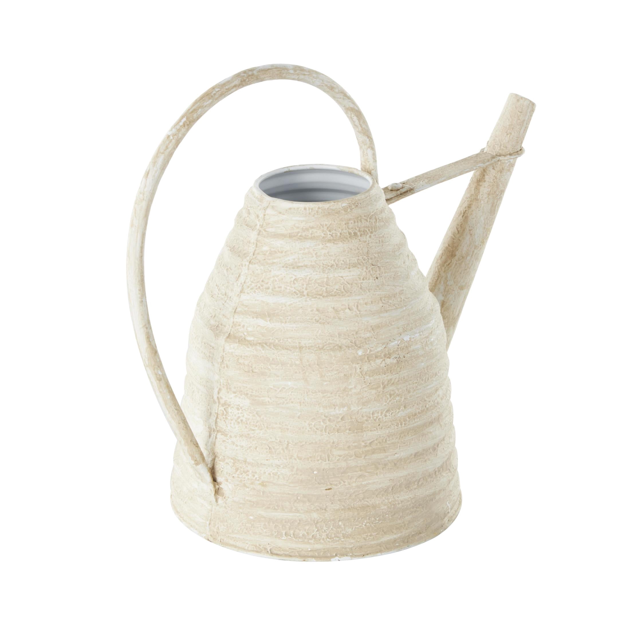 DecMode 14" x 12" Beehive Shaped Watering Can Cream Metal Watering Can Planter with Large Loop Handle