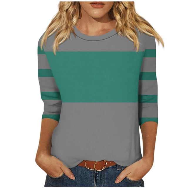 cfhntfmh Hauts pour Femmes 2024 Automne Tendance à Blocs de Couleur Blouses à Col Rond Décontractées Manches 3/4 Tuniques Amples