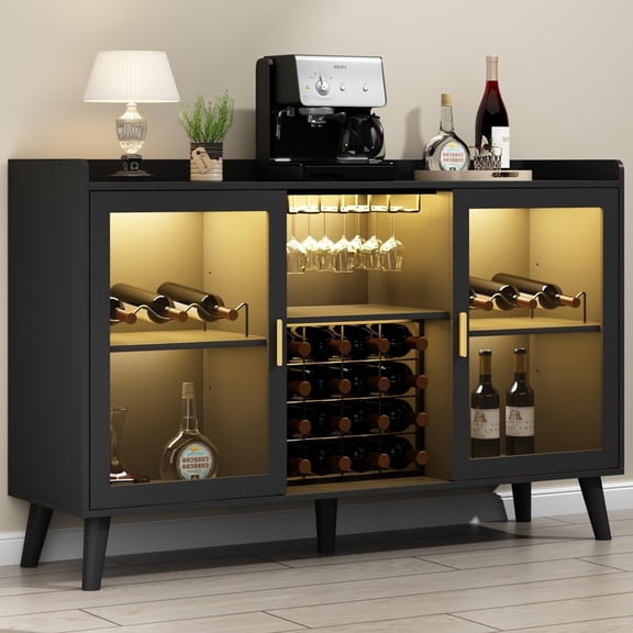 ZzistarWine Bar Cabinet with LED Light, Home Coffee Cabinet with Wine Rack and Glass Holder, Freestanding Liquor Cabinet for Living Room, Dining Room