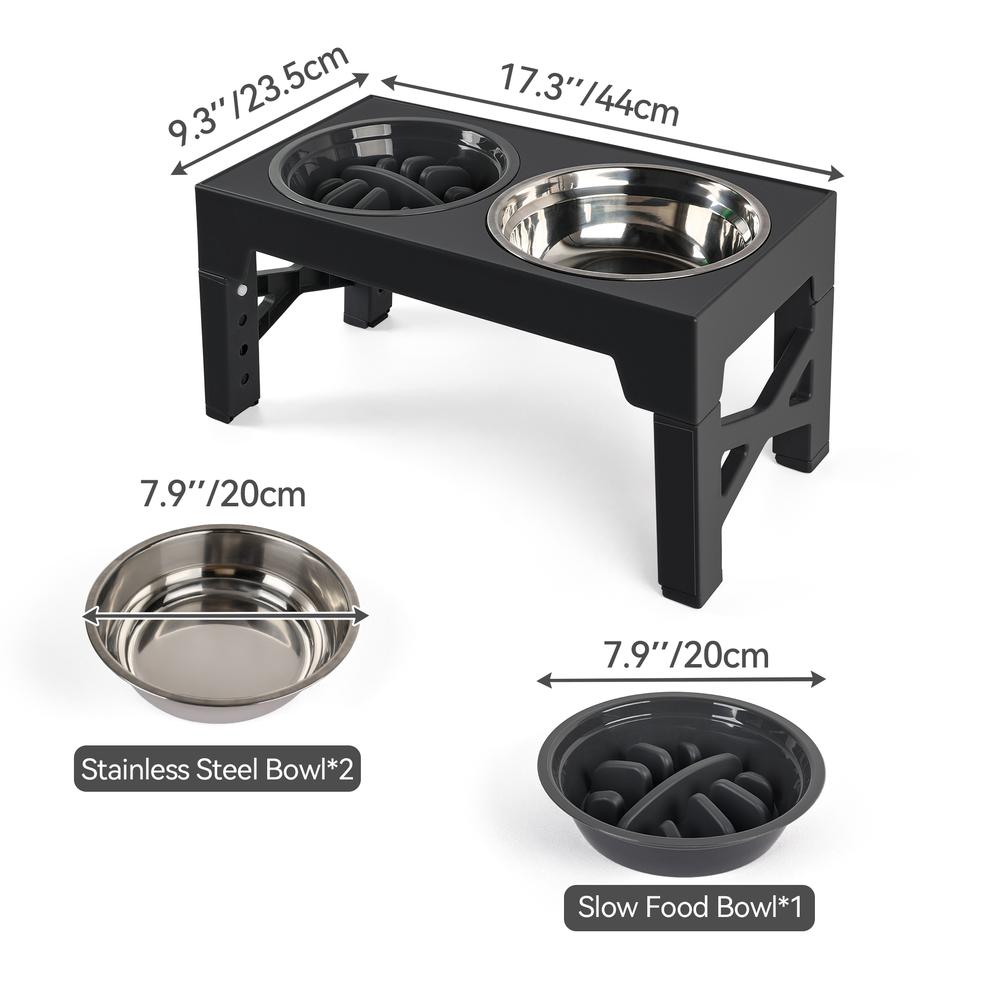 Raised Dog Bowls with 5 Adjustable Heights, Elevated Stainless Steel Cat Bowls & Slow Feeder Bowl, Pet Feeding Station for Small Medium & Large Dogs &Cats