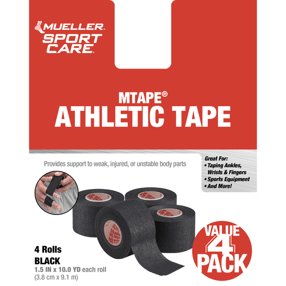 Mueller MTape Athletic Tape, 4 Pack, Black, 10yd
