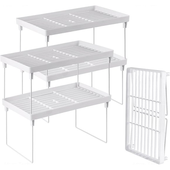 NiHome Estante de Almacenamiento de Cocina de Plástico Apilable de 4 Piezas, Plegable, Organizador de Gabinete Blanco, Estantes Apilables y Expandibles para Gabinete de Mostrador y Despensa