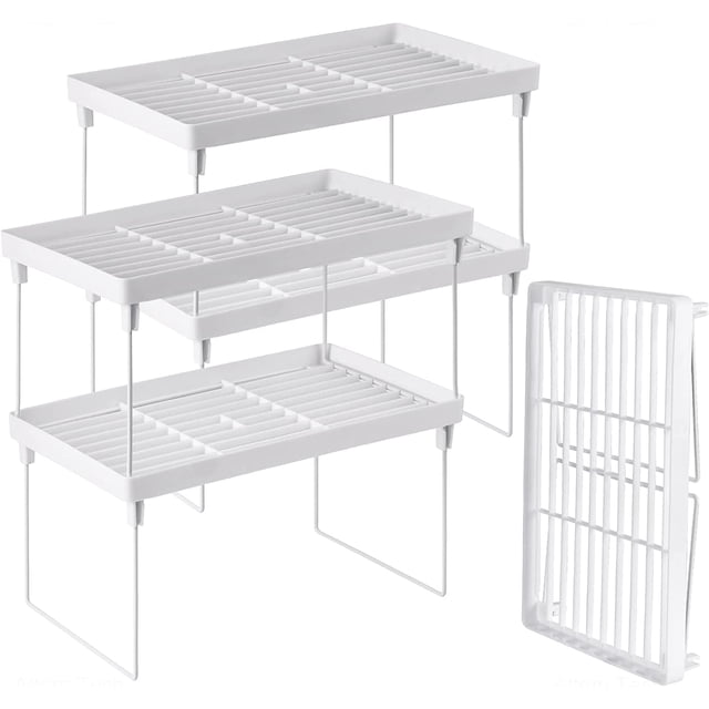 NiHome Estante de Almacenamiento de Cocina de Plástico Apilable de 4 Piezas, Plegable, Organizador de Gabinete Blanco, Estantes Apilables y Expandibles para Gabinete de Mostrador y Despensa