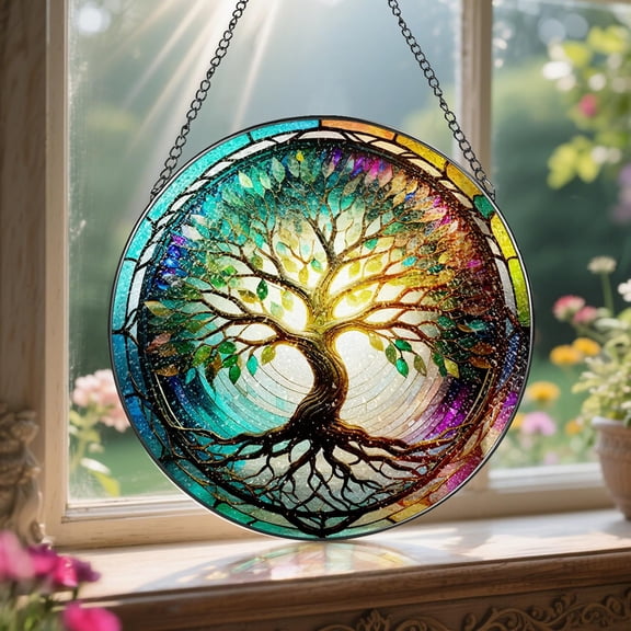 Glass Window Hanging, 8 Inch Tree Of Life Suncatcher Ornament For Windows Hanging - Indoor Or Outdoor Window Decor, Gifts For Mom Grandma Wife Family