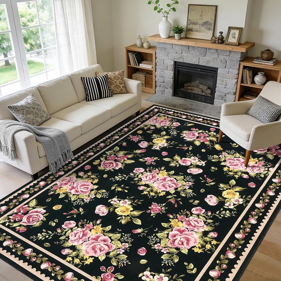 8x10 Vintage Floral Area Rug, Non Slip Low Pile Washable Rug for Living Room Bedroom, Black