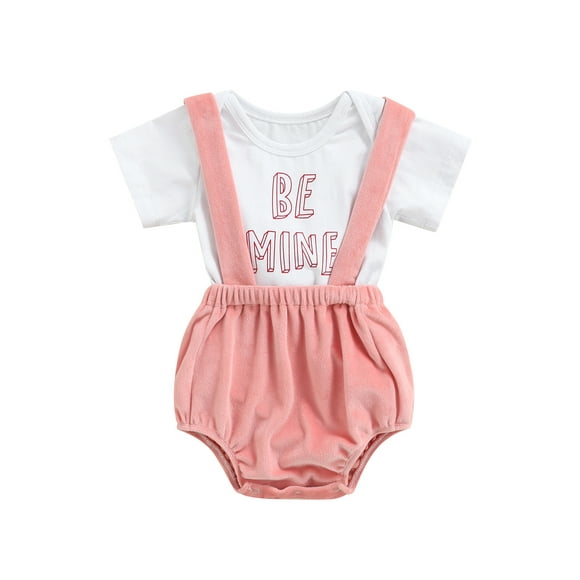 goowrom 2 Pcs Newborn Valentine?s Day Outfits, Baby Girls Letter Print Short Sleeve Round Neck Bodysuit + Solid Color Suspender Pants