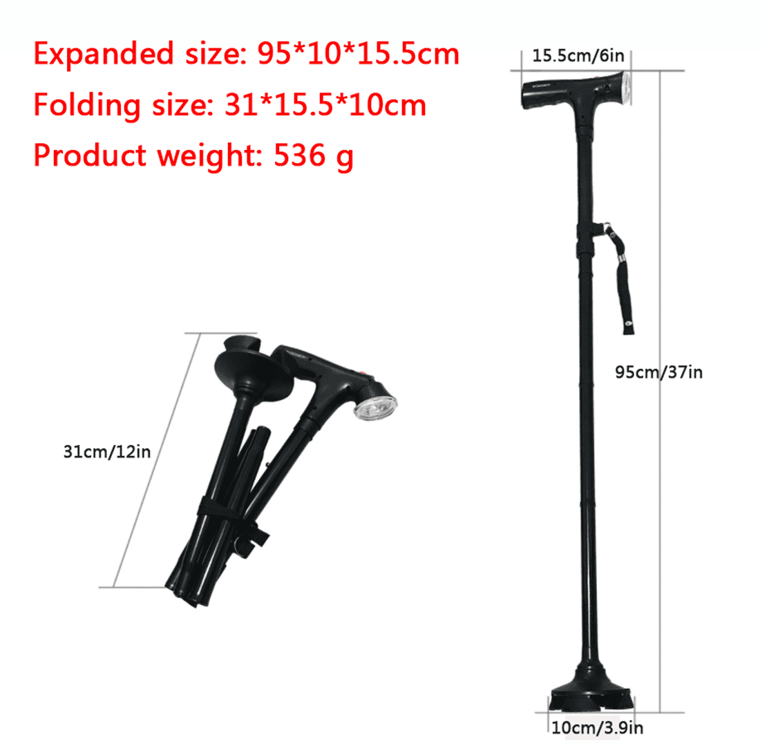 Adjustable Height Folding Walking Cane with LED Light & Alarm Button, 4-Prong Anti-Slip Base, Aluminum Alloy Telescopic Cane with Side Armrest for Elderly