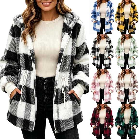 Kezqiaxn Jackets for Women Fashion Plaid Long Sleeve Drawstring Waist Coats Winter Casual Hooded Outerwear with Pockets Fall Women'S Clothing Khaki XL
