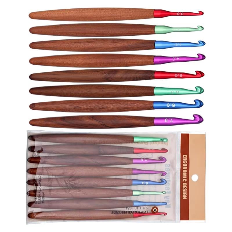 8Pcs Ergonomic Grip Aluminium Crochet Hook 3.0-7.0mm Wooden Handle Crochet Hook Needle for Knitting Sweater Scarf
