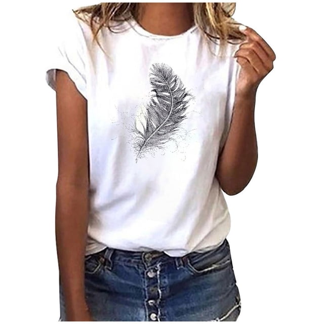Offres de la Semaine Cagogo T-Shirts Amples pour Femmes Liquidation à Moins de 5 $ Hauts d'Été Imprimé Plume Manches Courtes Tunique Graphique Col Rond Basique Mignon Tuniques de Printemps Cadeaux de la Fête des Mères pour Maman