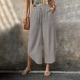 thumbnail image 4 of vigerkar Women's Summer Linen Pants Solid Color Loose Wide Leg Pants with Pockets Side Buttons Drawstring Beach Pants (Light Gray, M), 4 of 6