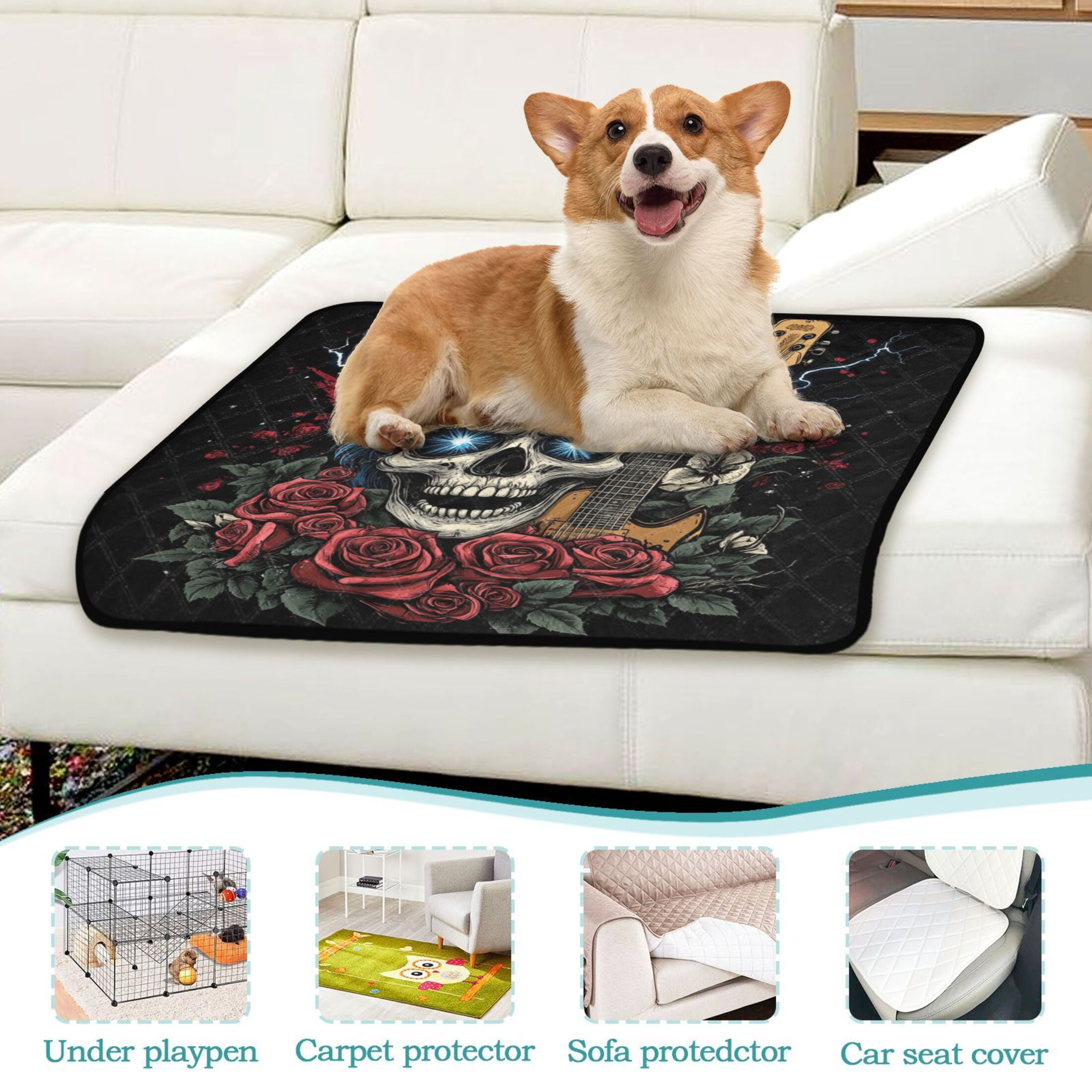 Qxltty Blue Hair Skull Guitar Pattern Cat litter Pads Pet Set of 3 Diaper Mats Center Anti-leakage Layer Absorbent Soft and Comfortable