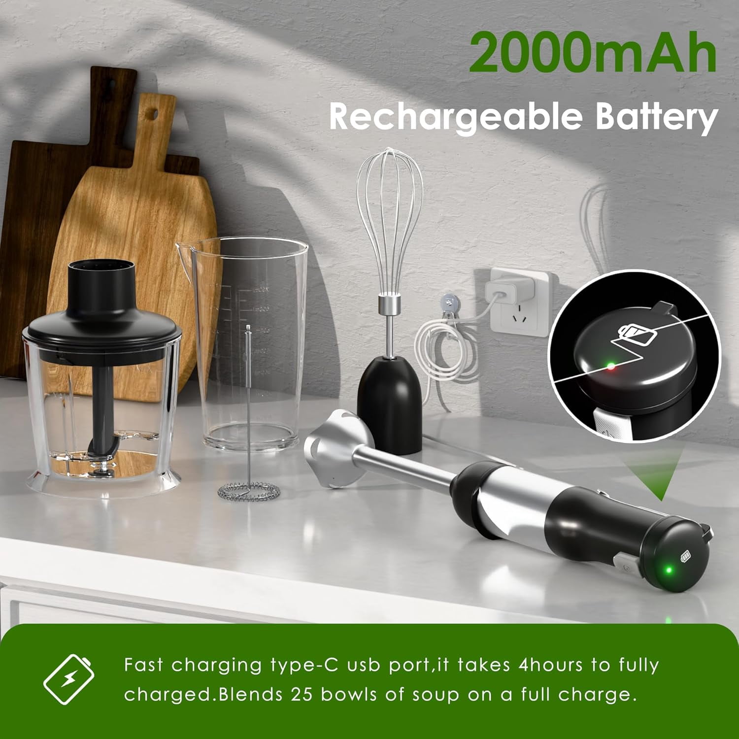 Cordless Immersion Hand Blender 5-in-1 with 2000mAh Battery, BPA-Free Stainless Steel Accessories for Smoothies and Soups