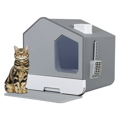 SuperDeal Cat Litter Box with Litter Mat and Scoop Extra Large Odor Control Easy Clean Gray