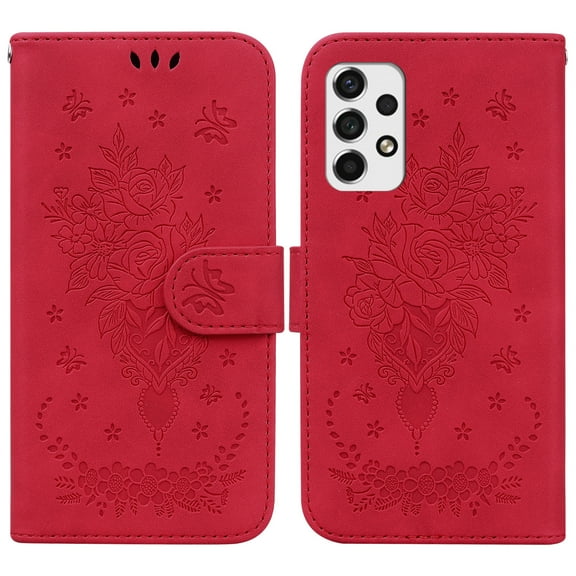SaniMore for Samsung Galaxy A53 5G PU Leather Case, Magnetic Closure Flip Wallet Embossed Cover with Wrist Strap Card Slot & Multi-Angle Kickstand Shockproof Protective Shell, Red