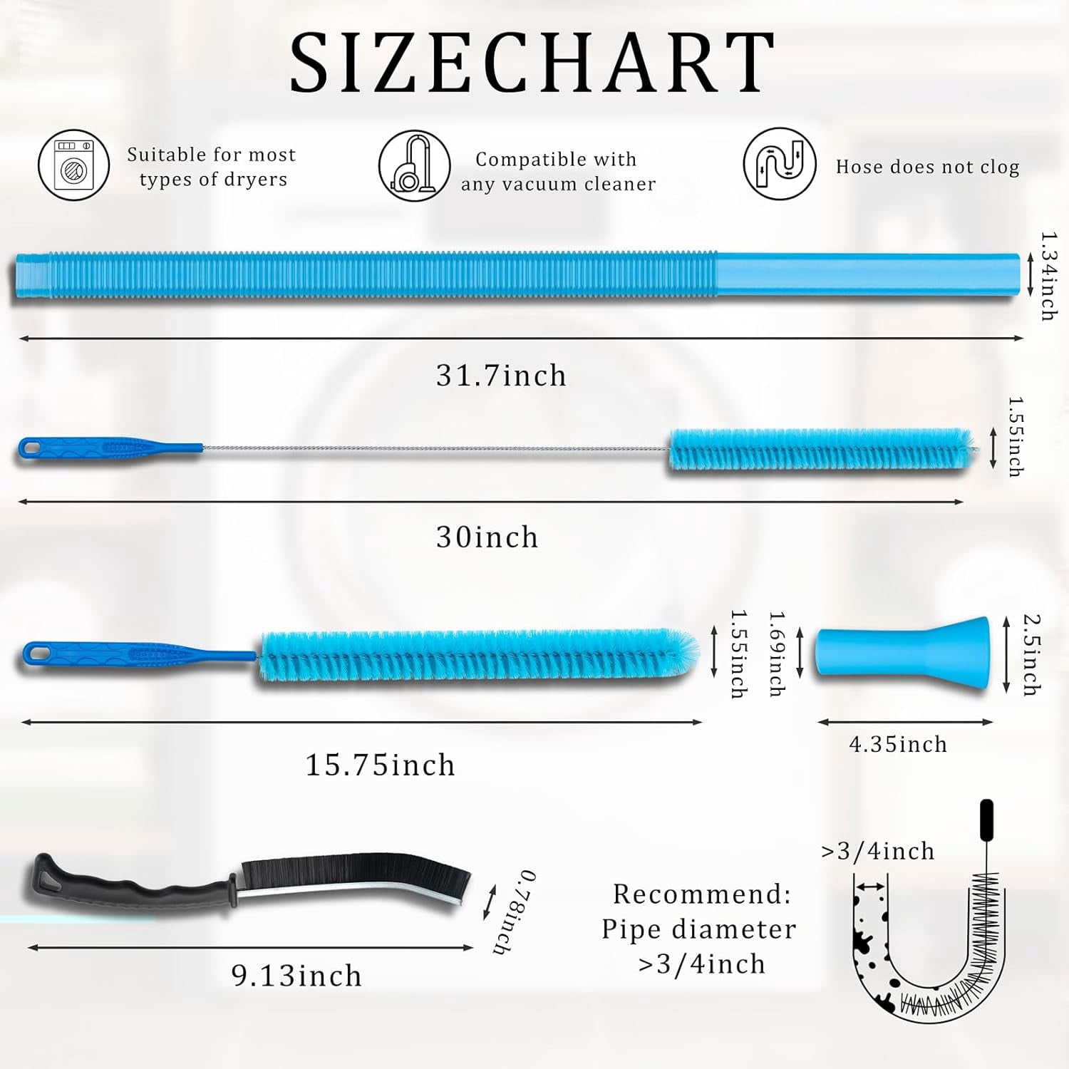 Dryer Vent Cleaner Kit - Compatible Universal Vacuum Attachment Hose with Most Vacuum Cleaner, Dryer Lint Cleaner Kit and Cleaning Brush Tools for Efficient Dryer Vent Hose Maintenance