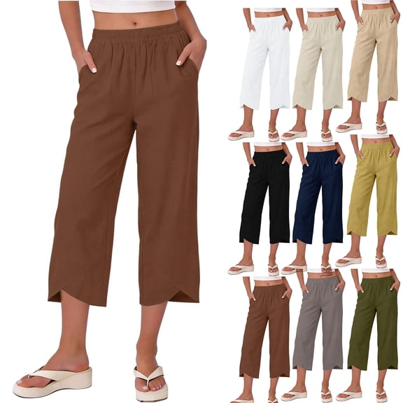 Linen Capri Pants for Women Elastic High Waist Tulip Hem Capris Loose Wide Leg Beach Cropped Trousers with Pockets Navy M