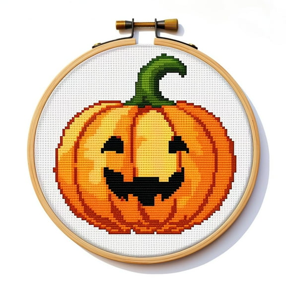 Cartoon Simple Orange Pumpkin 11CT Stamped Cross Stitch Kits Easy for Beginners Child with Hoop DIY Needlepoint Counted Embroidery Kits Art Craft Wall Decor 12x12IN(2)