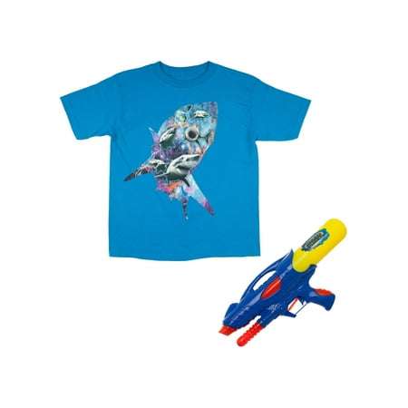 Bioworld Sharks In Space Blue Short Sleeve Graphic Tee Including Water Blaster Toy Gift With Purchase (Little Boys & Big (Best Big Little Gifts)