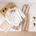 thumbnail image 2 of Rggeeun Baby Boys' Clothing Sets Bow Button Down Long Sleeve Lapel Collar Bodysuits & Cute Plaid Graphic Overalls 2 Piece Outfits Fall Matching Sets Everyday Wear Leisure,Beige,6-9 Months, 2 of 9