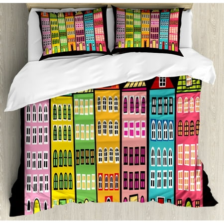 Colorful Duvet Cover Set King Size Illustration Of The Cityscape