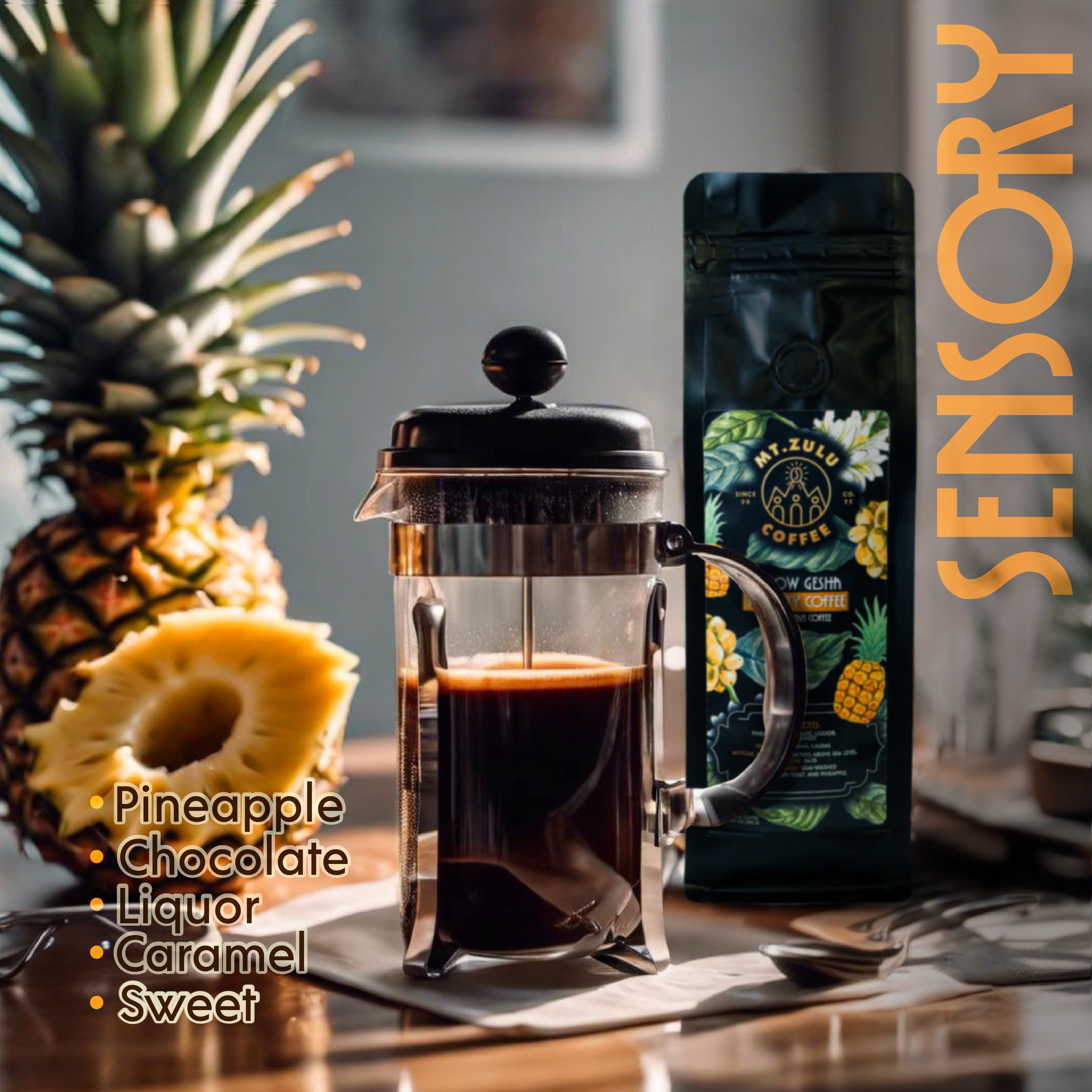 Mt. Zulu Yellow Gesha – Pineapple Fermented, Semi-Washed, Single Origin Colombian Coffee Beans, Medium Roast, 8 oz