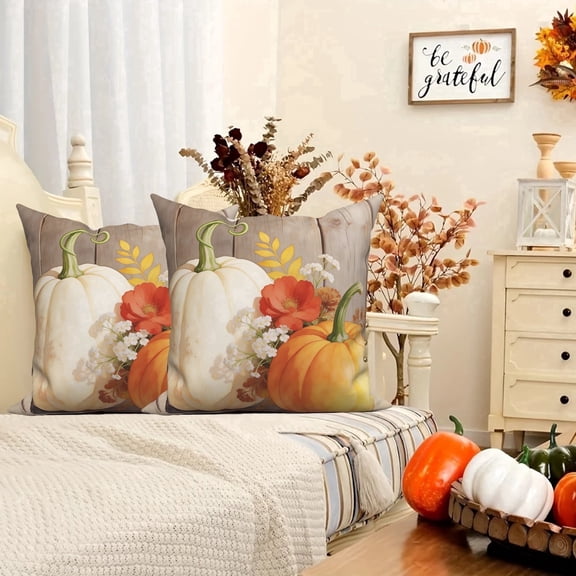 Orange Pumpkin Fall Throw Pillow Covers 18x18 Set of 2,Autumn Thanksgiving Linen Pillowcase Cushion Cover for Couch Sofa Bed