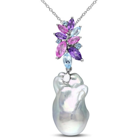 Tangelo 14.5-15mm White Baroque Cultured Freshwater Pearl and 4 Carat T.G.W. Created Pink Sapphire with Blue Topaz and Amethyst Sterling Silver Flower Pendant, 18