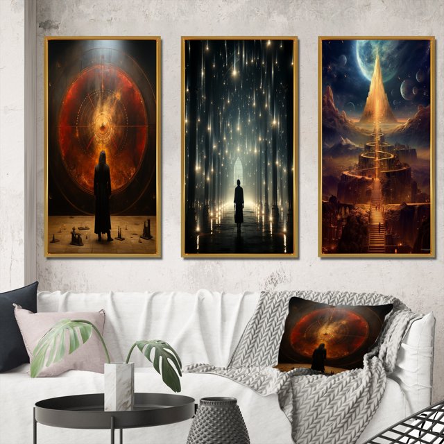 Designart "Revelation of Ancient Atlantis Mystery of Light IV" Abstract Landscape Framed Wall Art Set Of 3 - Red Abstract Landscapes Frame Canvas Set For Living Room Decor