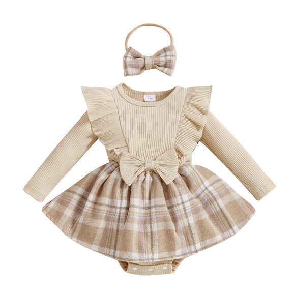 RUINIXCW Newborn Baby Girl Fall Winter Romper Dress Outfit Infant Baby Girls Clothes Ribbed Ruffle Long Sleeve Plaid Patchwork Dress Playsuit Headband Set