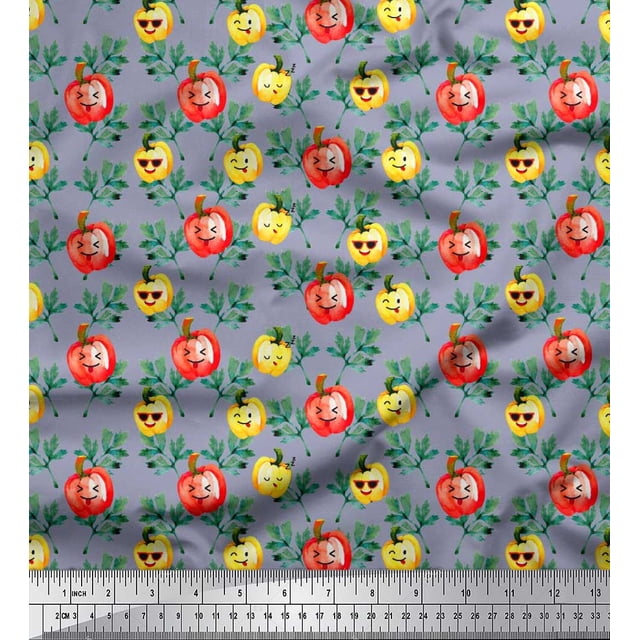 Soimoi Grey Silk Fabric Leaves & Colorful Capsicum Vegetable Decor Fabric Printed Yard 42 Inch Wide