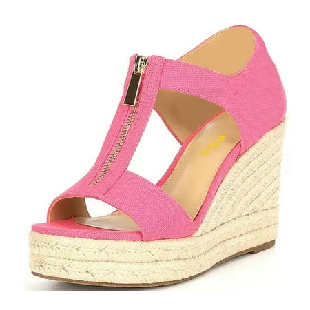 FSJ Women Round Open Toe Espadrille Wedge Sandals Comfortable with Zipper Platform T-strap Sandals Casual Summer Shoes Size 4 Pink