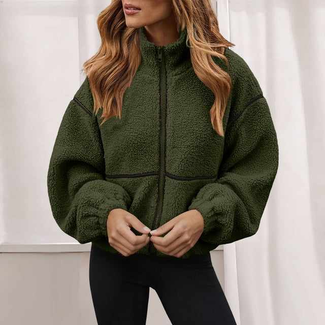 HongQid Womens Coat Casual Lapel Full Zip Fleece Jacket Long Sleeve Oversized Warm Winter Outwear with Pockets