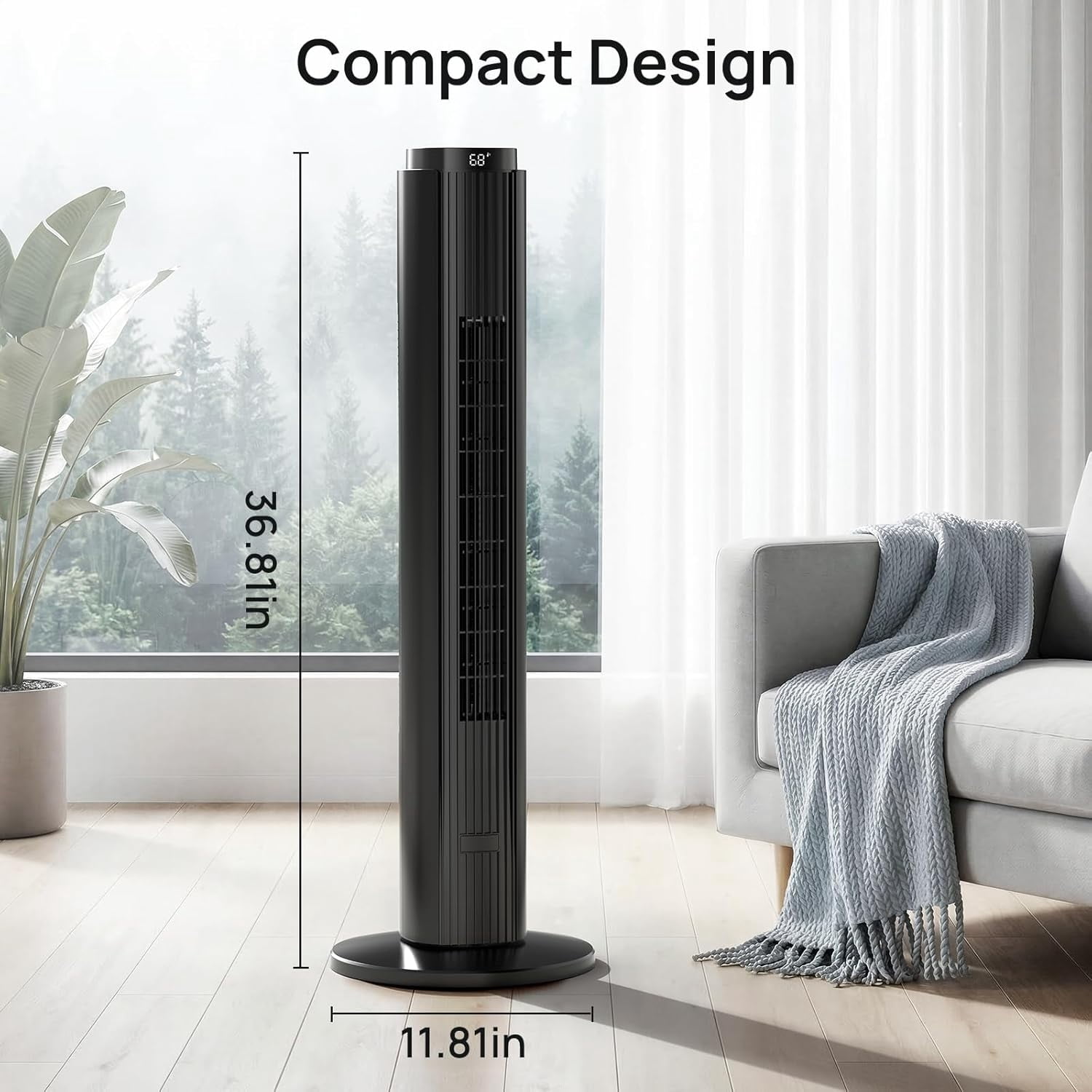 Moifoi 37 inch Tower Fan for Home, 80°Oscillating Bladeless Standing Floor Fan for Large Room, 6Speeds 4 Modes ,12H Timer with Remote,Black