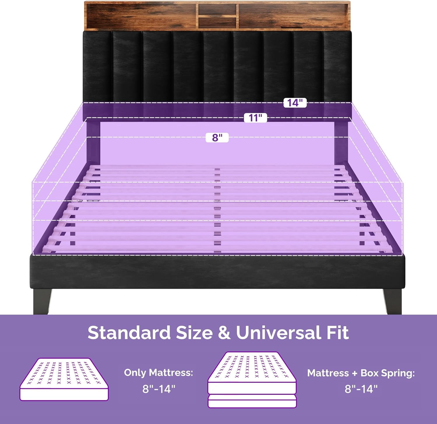 Sersper Queen Size Platform Bed Frame with Storage Upholstered Headboard, Built-in Charging Station & RGB LED Lights, Noise-Free, Easy Assembly, Black