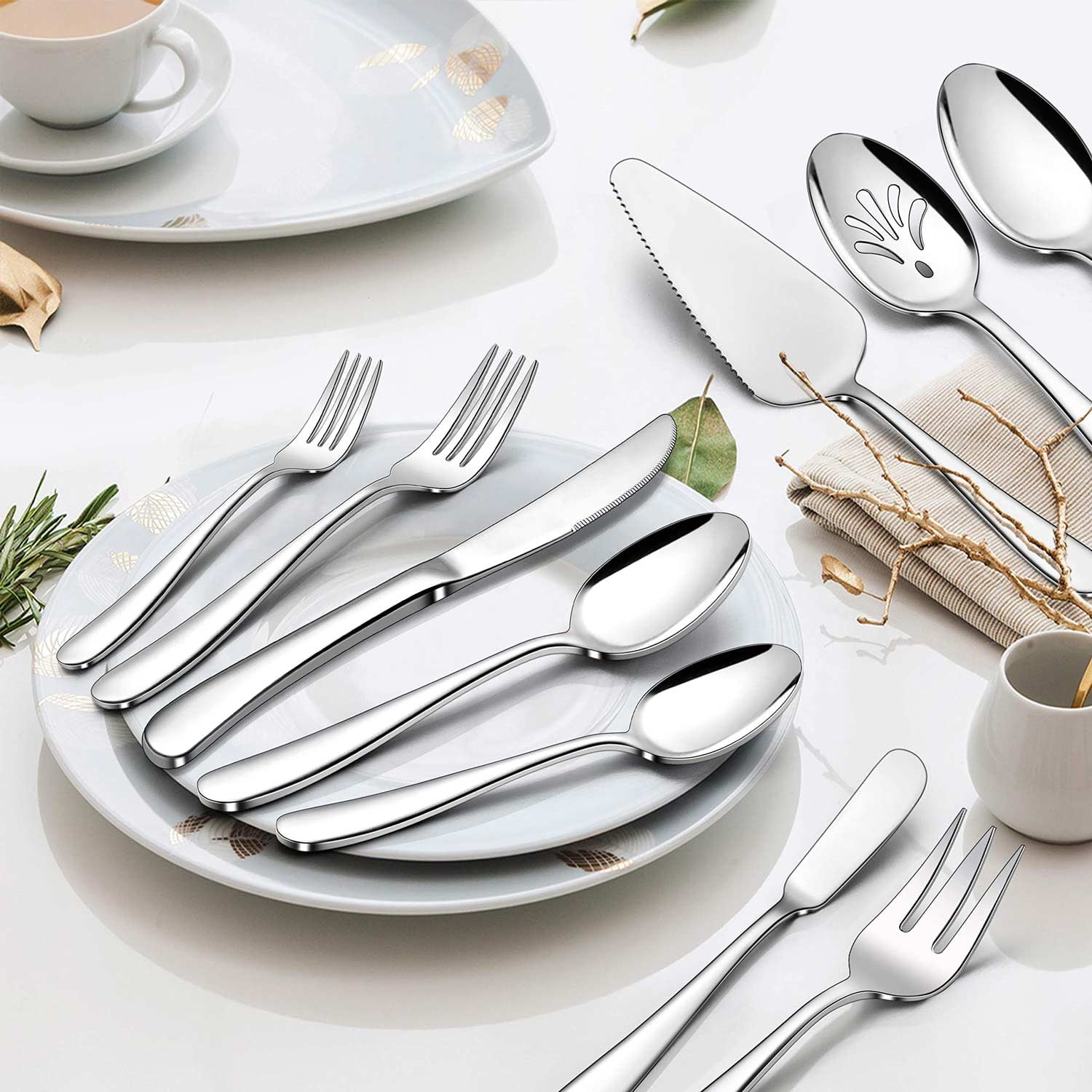 65-Piece Heavy Duty Silverware Set, E-far Stainless Steel Flatware Cutlery  Set with Serving Utensils Service for 12, Antique Metal Tableware Eating