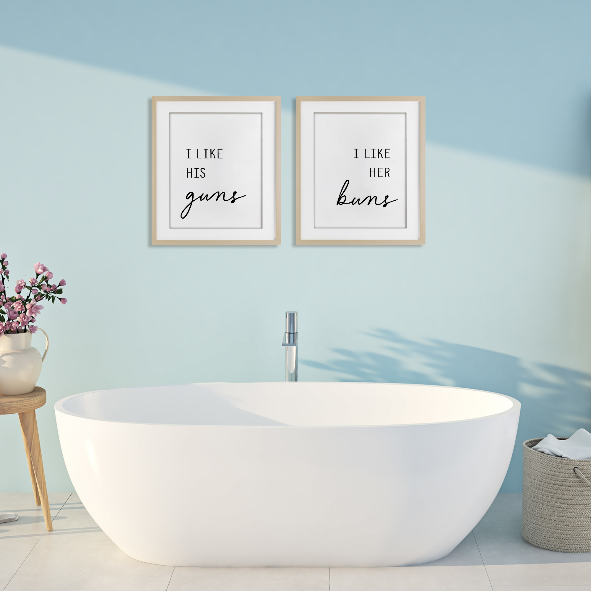 Like His Guns & Her Buns 2 Piece Birch Framed Print Under Glass Set, design by Lettered and Lined