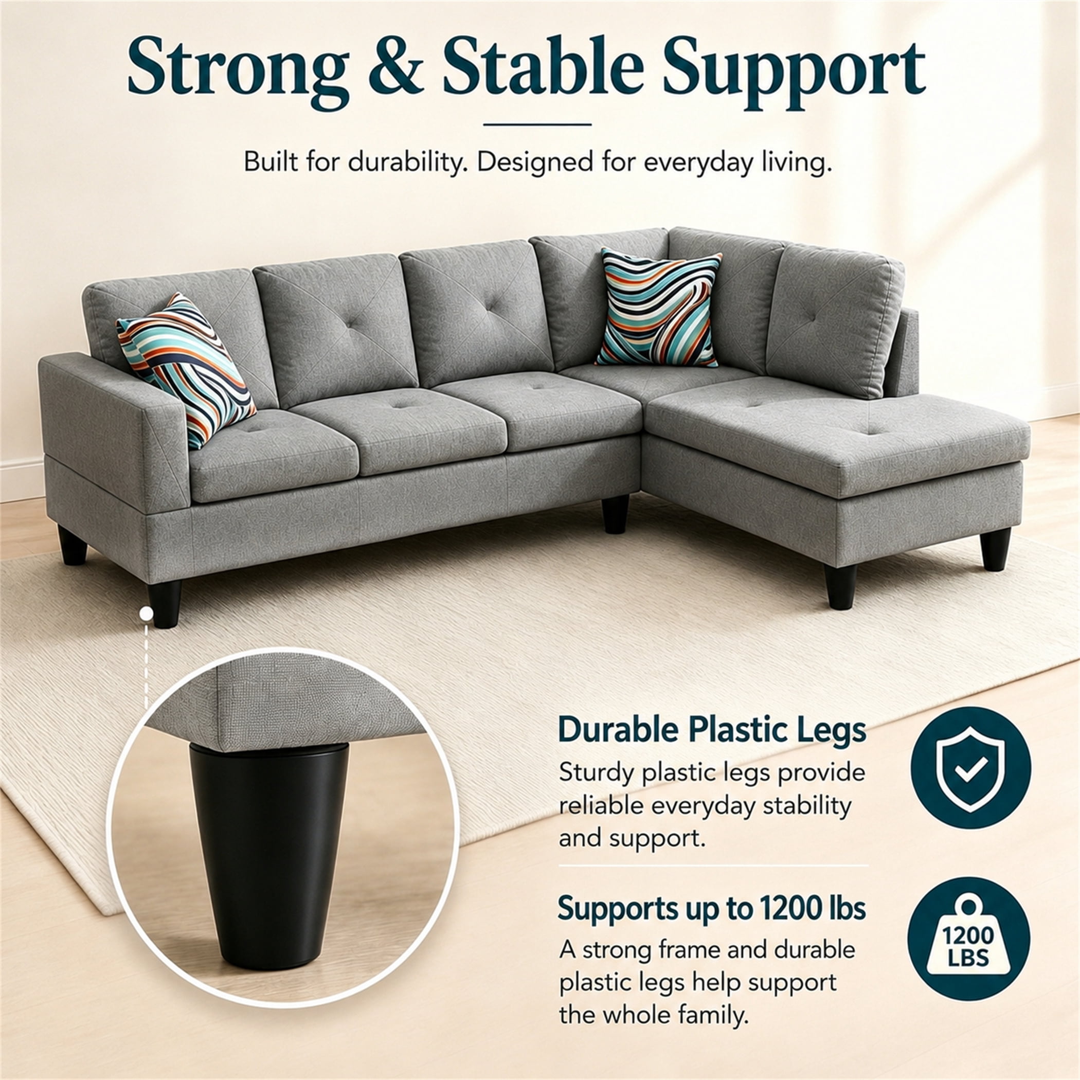 Aukfa 97" Classic Sectional Sofa 4 Seat L shape Couch for Living Room, 2Pillows, Oversized Right Chaise, Linen, Gray