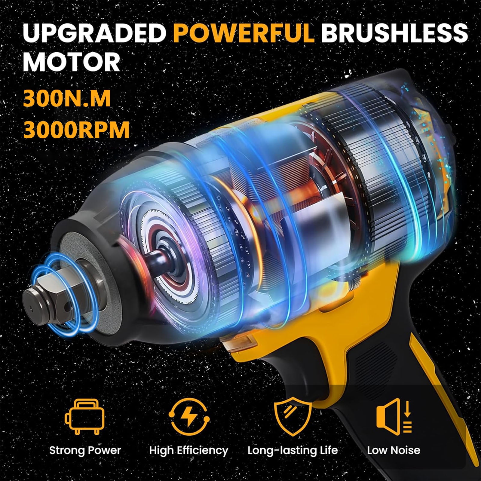 Gijjgole Cordless Impact Wrench, (300N.m) Brushless 1/2 inch Impact Gun, 3000RPM High Torque Impact Gun with 6.0 Ah Battery, Charger, 4 Sockets, Electric Impact Wrench for Car Home, Father's Day gift