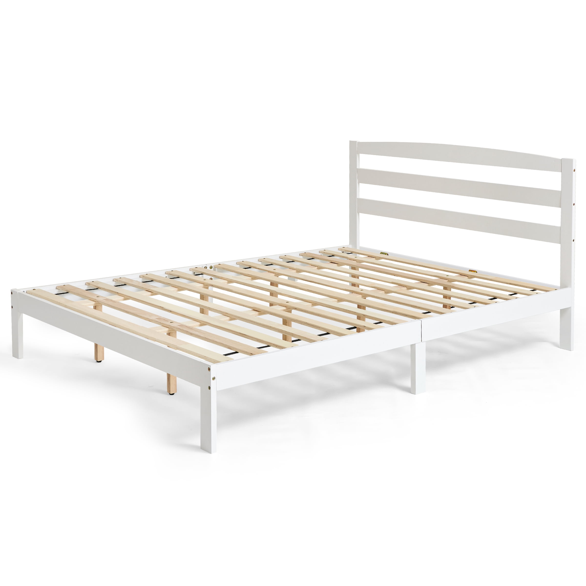Queen Bed Frame, Wood Bed Platform with Headboard, No Box Spring, White