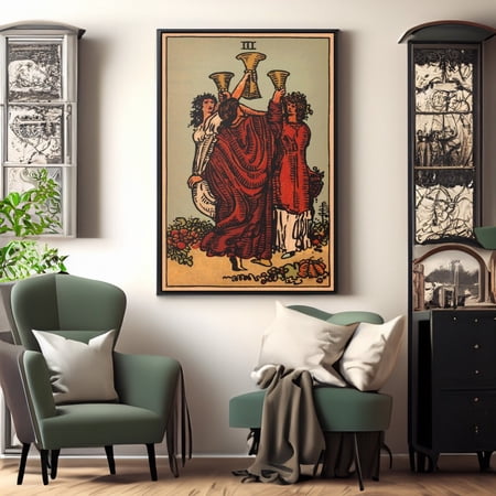3 of Cups Tarot Card Wall Art Reproduction, Psychic Print, Unframed Paper Poster 16x20in