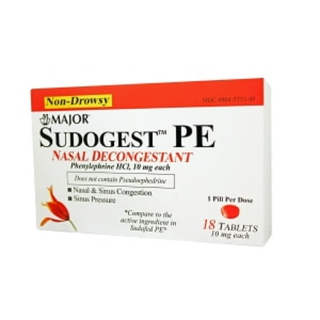 Major Sudogest PE Nasal Decongestant Tablets, 10 mg, 18 Count