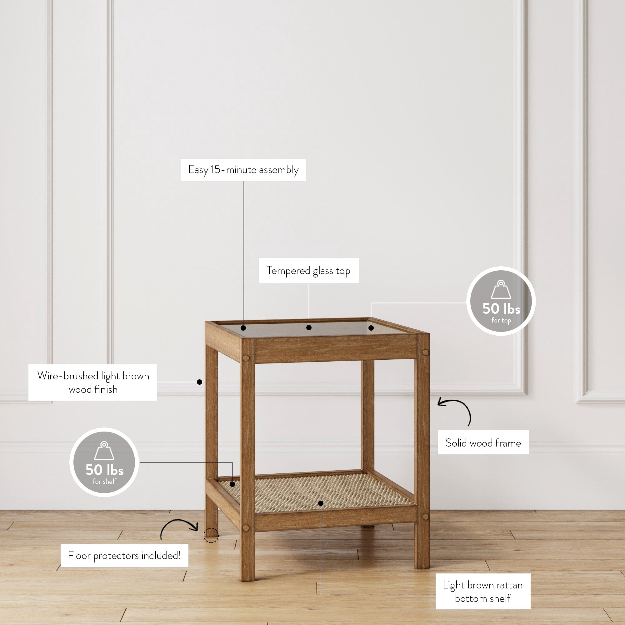 Nathan James Hayes Solid Wood Nightstand, Bedside, End/Side Table in Light Brown Wood Finish & Glass Top with Open Storage Shelf